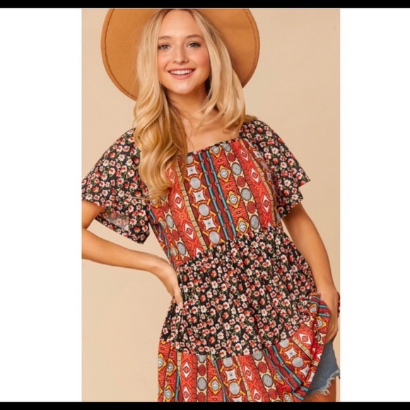 Haptics by Holly Harper Floral print bohemian ethnic print baby doll peplum top - Picture 8 of 9